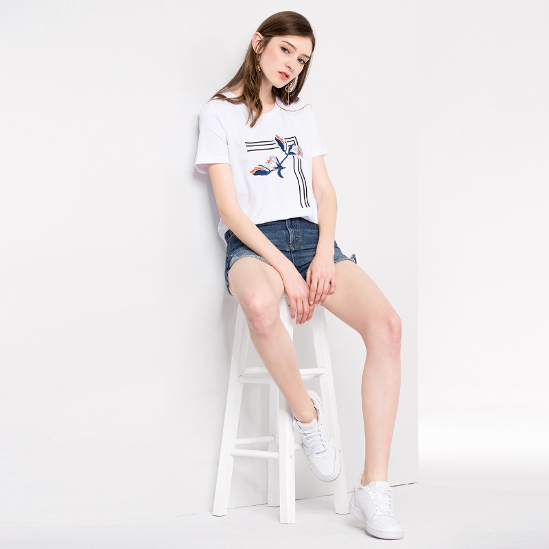 ⑩OSA欧莎2018夏装新款女装 复古刺绣时尚短袖T恤B11025 白色 L