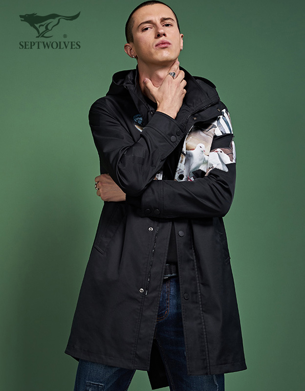 七匹狼旗下圣沃斯系列风衣 秋新款 时尚潮中长款外套 男风衣 001(黑色) 17592AXL