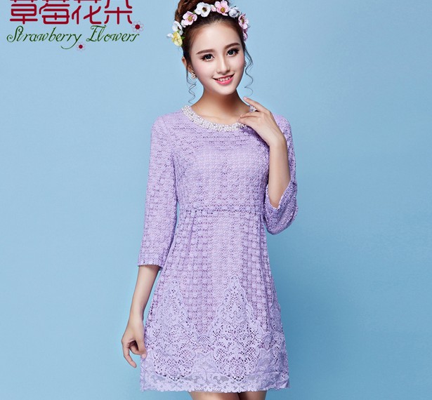 2016韩版新品 女装绣花钉珠七分袖连衣裙女士打底A字裙子