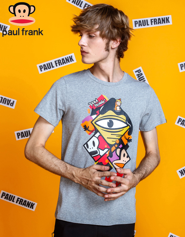 Paul Frank大嘴猴男t新品夏装男装3D创意印花半袖圆领短袖T恤潮男 A4浅麻色 L175