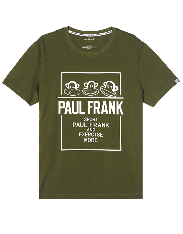 Paul Frank大嘴猴夏装男式表情包圆领印花短袖T恤吸汗男舒适运动短T潮 G2军绿 XXL
