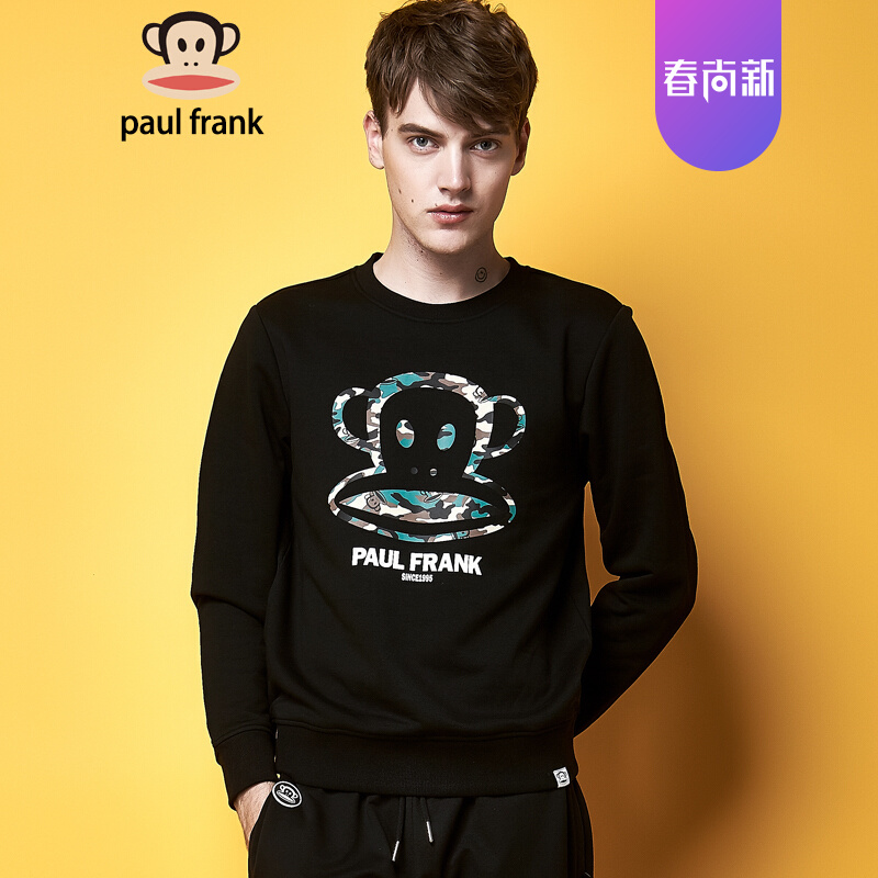 大嘴猴（PAUL FRANK） 新款情侣男女款迷彩卡通经典LOGO运动休闲圆领套头卫衣外套 黑色-男