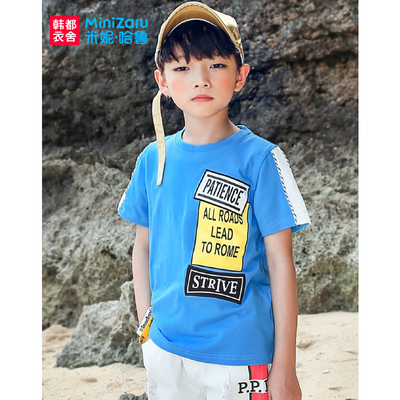 韩都衣舍MiniZaru 米妮哈鲁2018夏季新款男童儿童童装印花短袖百搭舒适套头T恤 蓝色 160