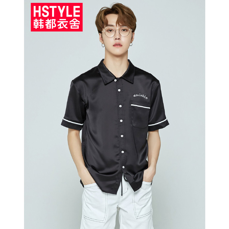 韩都衣舍HSTYLE 2018夏季新款韩版潮流休闲帅气小清新刺绣宽松黑色衬衣青少年男士短袖 黑色 M