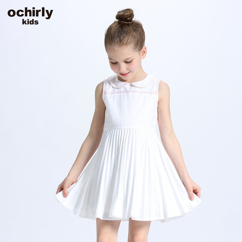 【亲】ochirly kids欧时力童装女童刺绣领拼接百褶连衣裙5G02088050 米白010 1