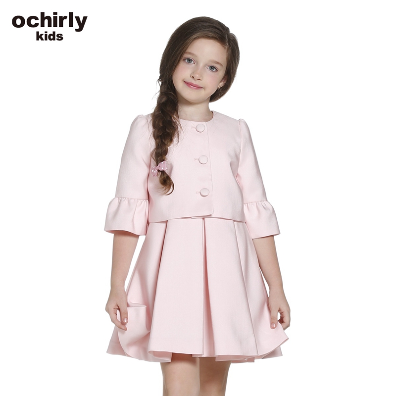 ochirly kids欧时力童装女童新款喇叭袖褶皱连衣裙套裙5H03087540 粉红180 12