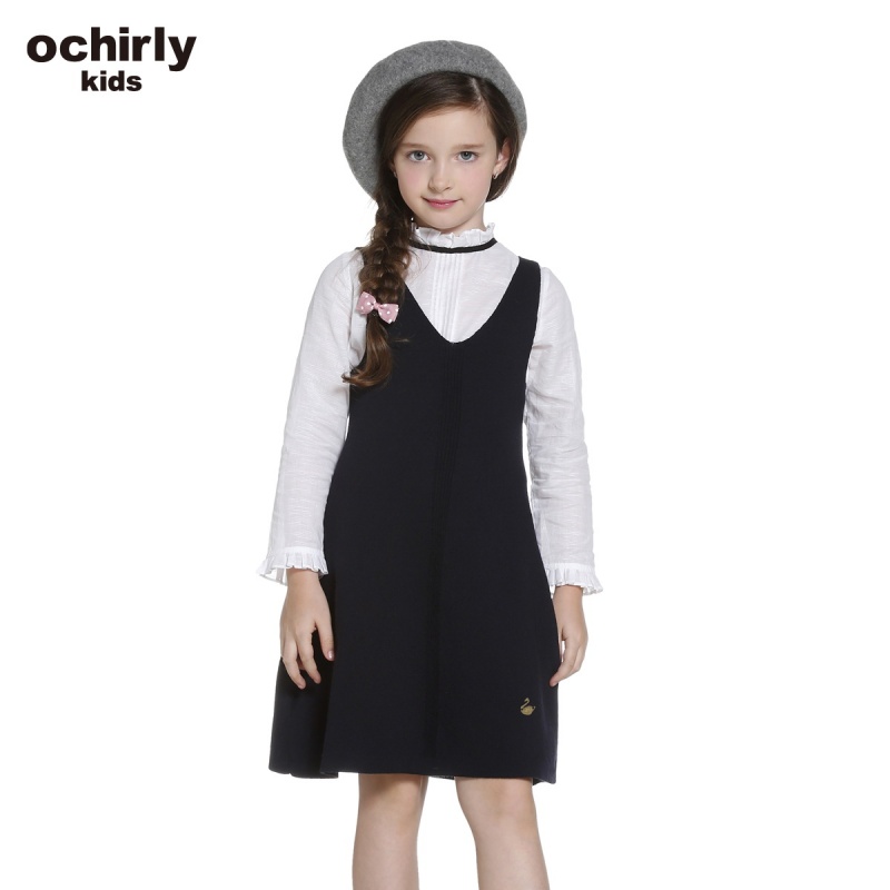 ochirly kids欧时力童装女童2016新款背带毛针织连衣裙5H03031410 深蓝650 