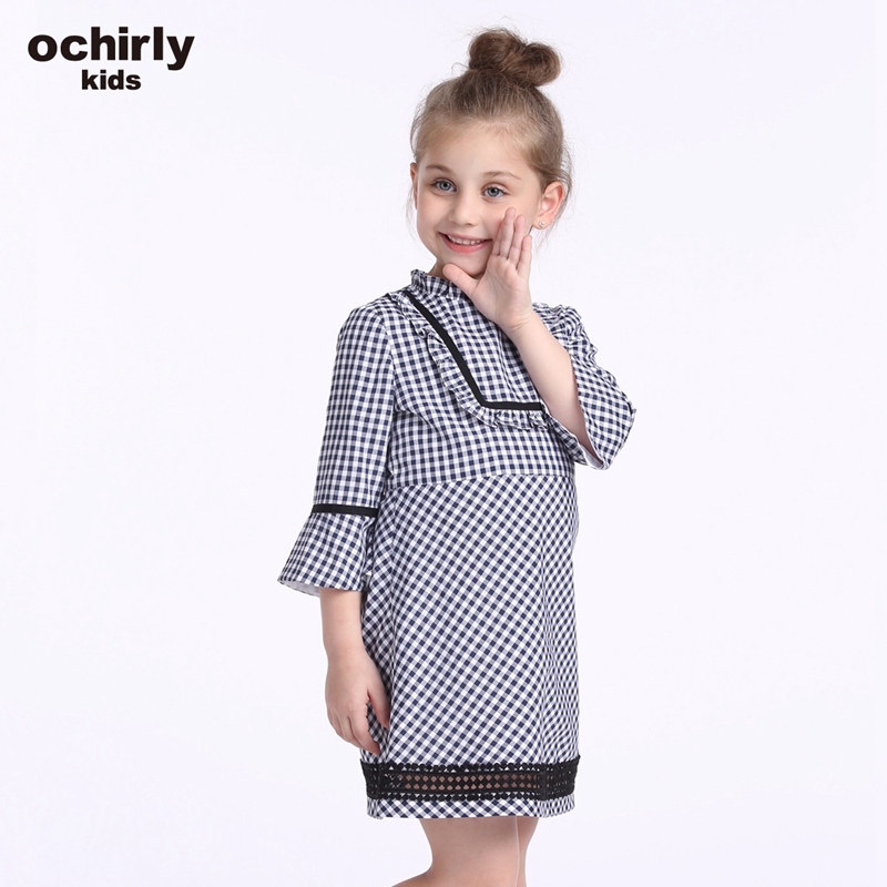 ochirly kids欧时力童装女童新款荷叶喇叭袖连衣裙5J03084940 蓝白格955 130