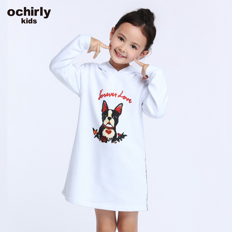 【亲】ochirly kids欧时力童装女童印花连帽卫衣式连衣裙5G01087270 本白888 1