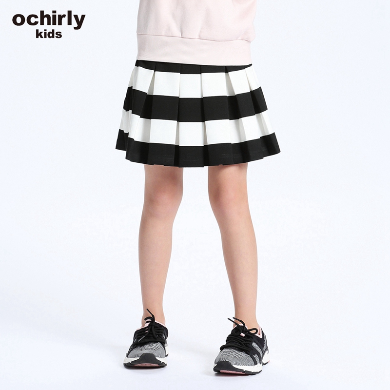 【亲】ochirly kids欧时力童装女童撞色条纹百褶A字短裙5G01075900 黑白条910 