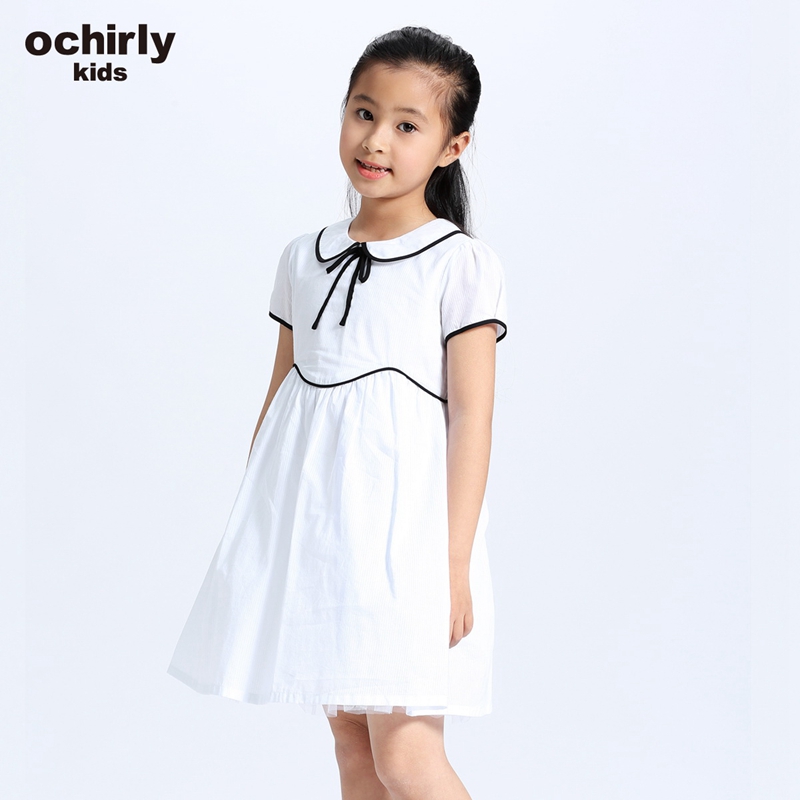 【亲】ochirly kids欧时力童装女童撞色滚边蝴蝶结连衣裙5G02088310 白色018 1