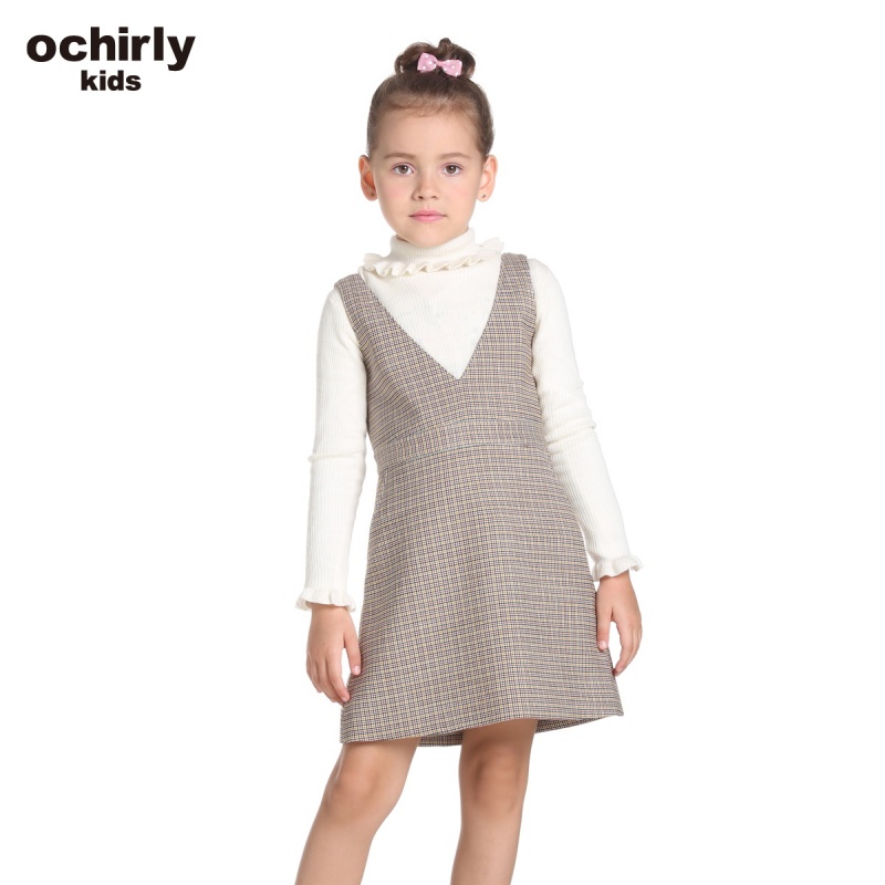 ochirly kids欧时力童装女童2016新款格子毛呢连衣裙5H04080220 啡黄412 1