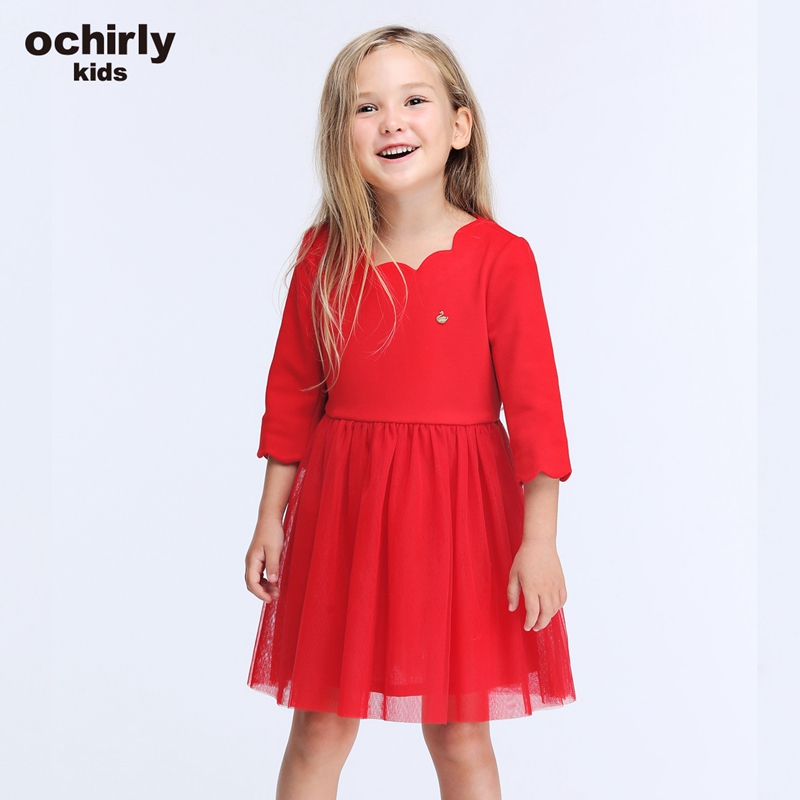 【亲】ochirly kids欧时力童装女童波浪边拼接网纱连衣裙5G01087150 大红120 1