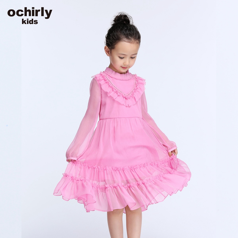 【亲】ochirly kids欧时力童装女童拼荷叶褶皱雪纺连衣裙5G01087350 粉红180 1