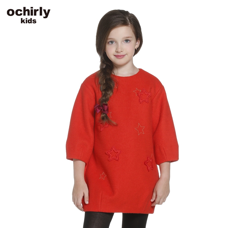 ochirly kids欧时力童装女童新款刺绣星星毛呢连衣裙5H03087700 橙红140 110