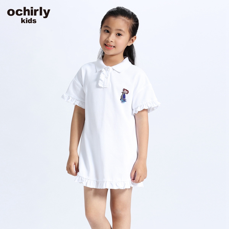 【亲】ochirly kids欧时力童装女童拼褶皱Polo短袖连衣裙5G02088290 白色018
