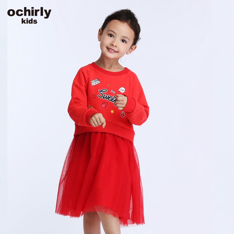 【亲】ochirly kids欧时力童装女童卫衣拼网纱长袖连衣裙5G01088090 大红120 1