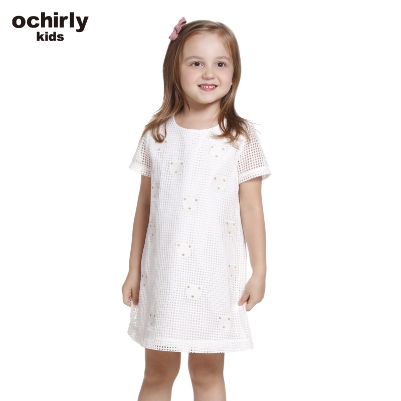 ochirly kids欧时力童装女童2016新款刺绣短袖连衣裙5H03083140 米白010 1