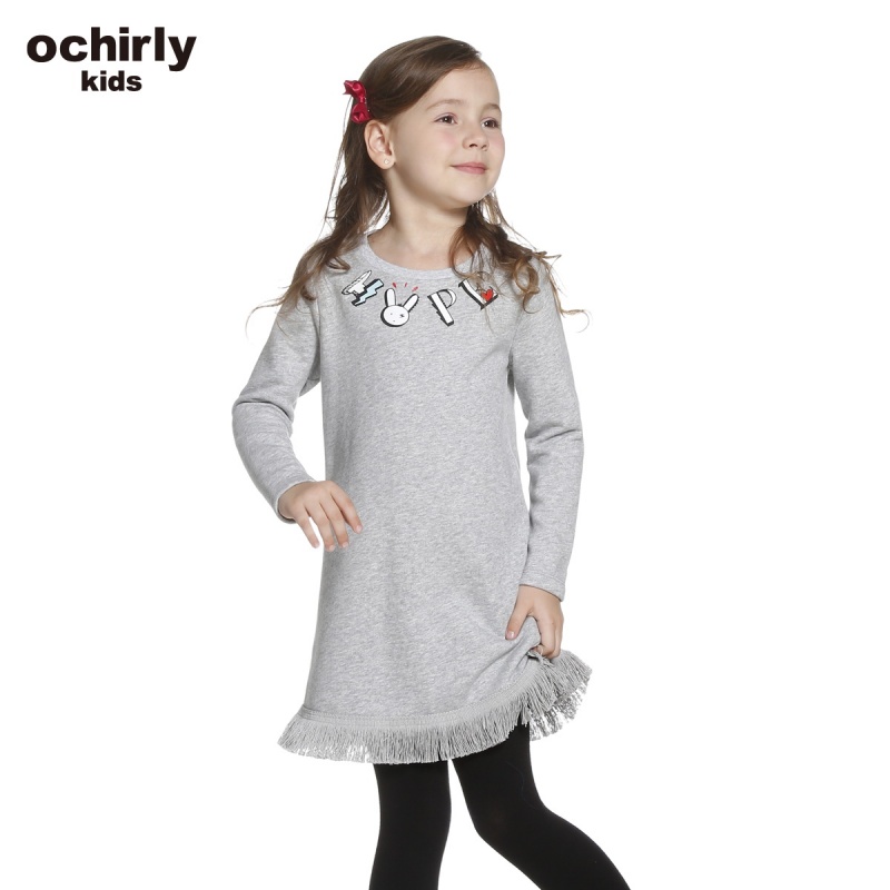 ochirly kids欧时力童装女童2016新款印花流苏连衣裙5H03087690 大红120 1