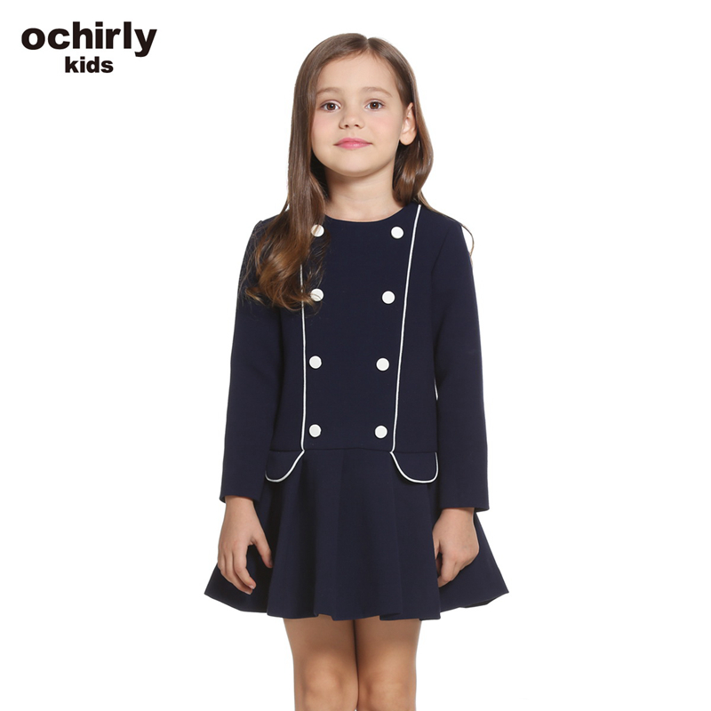 ochirly kids欧时力童装女童2017新款镶边双排扣连衣裙5J01084490 宝蓝660 