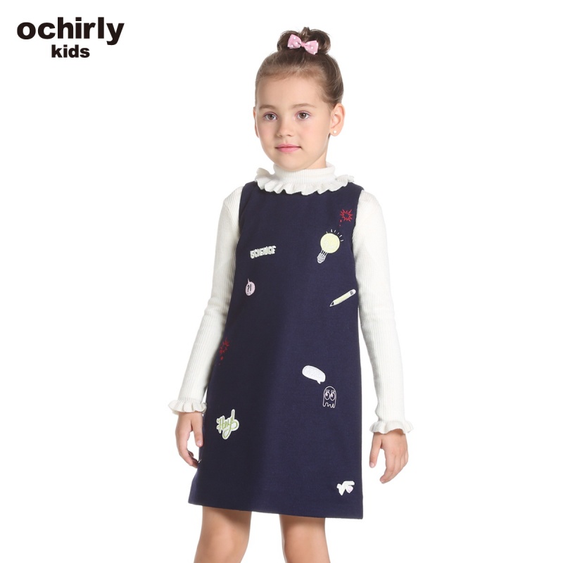 ochirly kids欧时力童装女童2016新款刺绣羊毛呢连衣裙5H04083740 深蓝650 