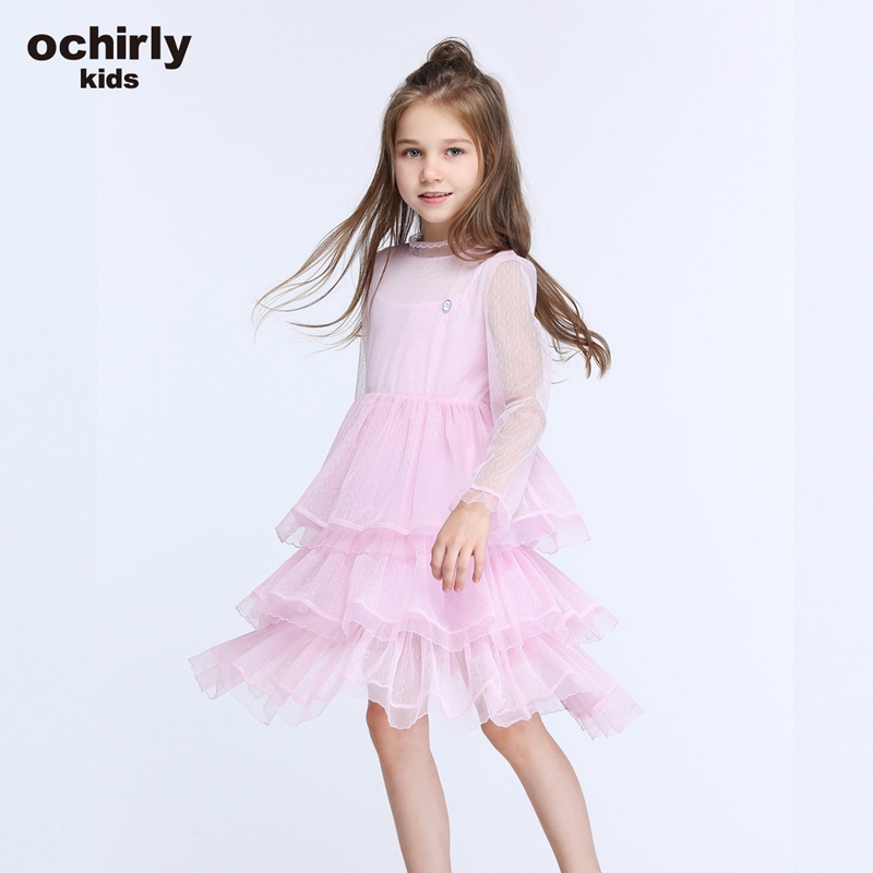【亲】ochirly kids欧时力童装女童网纱长袖蛋糕裙连衣裙5G01087640 浅粉133 1