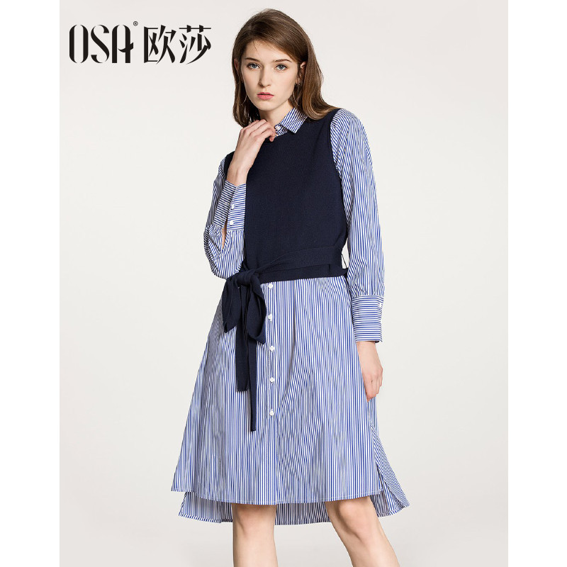 OSA欧莎2018春装 方领条纹衬衫裙针织背心长袖连衣裙 深蓝色 L
