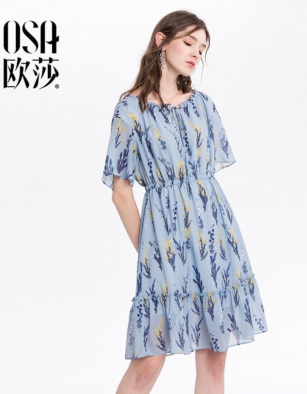 欧莎碎花雪纺露肩一字肩小清新显瘦收腰连衣裙女夏2018新款超仙裙 蓝底黄花 L