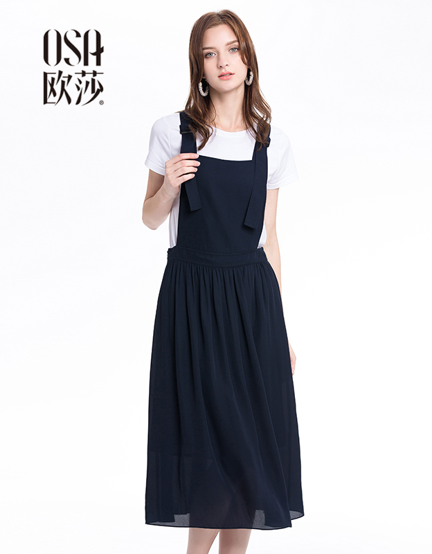 OSA欧莎雪纺吊带港味复古极简主义连衣裙女夏2018新款气质背带裙 藏蓝色（预售6月4日发货） L