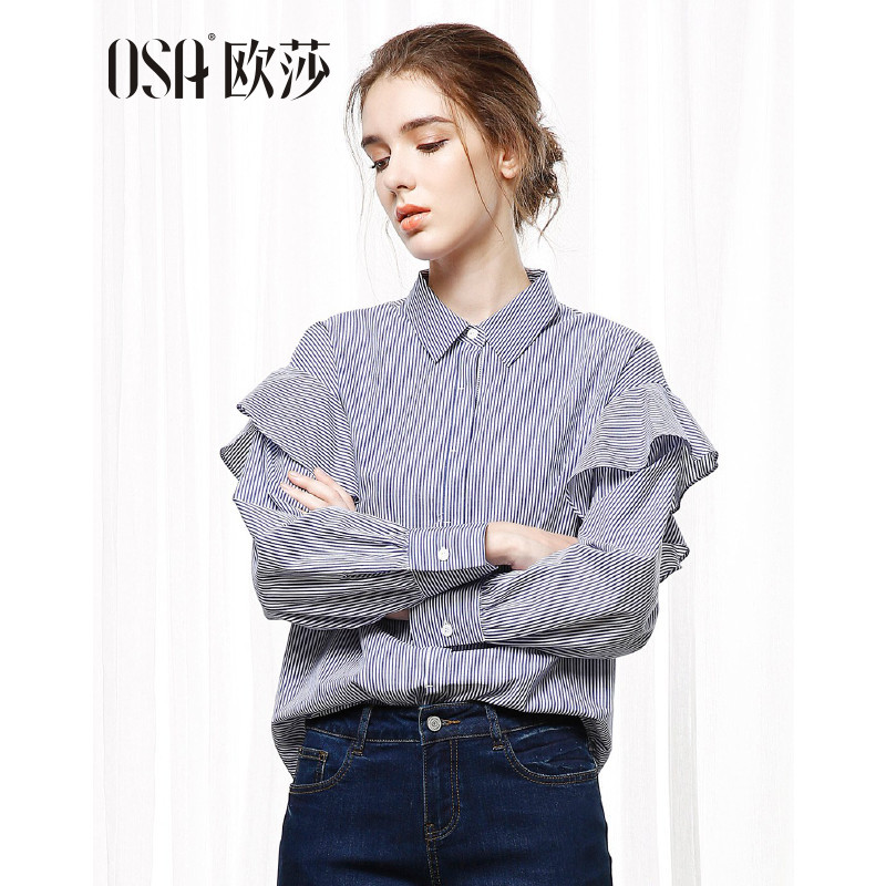 欧莎OSA 秋冬款 蓝白条纹条纹复古简约花边衬衫长袖衬衫女 蓝白条纹 M