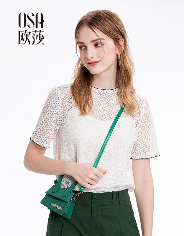 OSA欧莎2018夏季甜美超仙两件套吊带勾花镂空蕾丝小衫上衣女 白色 S